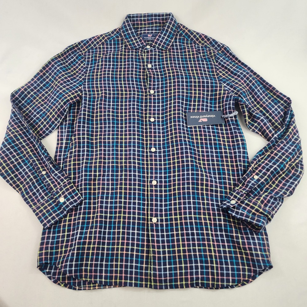 Vineyard Vines shirt M Medium 42" button check linen long sleeve navy mens